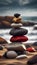 AI generated illustration of A stack of smooth rocks arranged neatly on a picturesque sandy beach