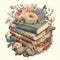 AI generated illustration of a stack of vintage books with flowers