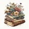 AI generated illustration of a stack of vintage books with flowers