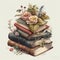 AI generated illustration of a stack of vintage books with flowers