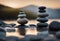 AI generated illustration of stacks of stones atop a body of water