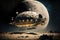 AI generated illustration of a steampunk spaceship landing on the moon