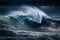 AI-generated illustration of a stormy ocean with large waves crashing against each other.