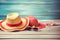 AI generated illustration of straw summer hats and sunglasses on a wooden dock