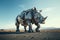 AI generated illustration of a striking silver  robotic rhinoceros on a deserted landscape