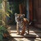 AI generated illustration of a striped Bengal tiger cub on a porch in front of an entrance way