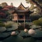 AI generated illustration of A stunning Asian-style building stands amidst a tranquil pond