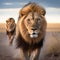 AI generated illustration of stunning lions walking side-by-side across a sunny desert landscape