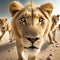 AI generated illustration of stunning lions walking side-by-side across a sunny desert landscape