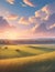 AI-generated illustration of a stunning meadow featuring a vibrant sunset in the background