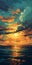 AI generated illustration of a stunning painting of a sunset over the tranquil ocean