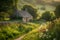 AI generated illustration of a stunning rural scene featuring a house atop a hill