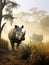 AI generated illustration of a stunning shot of two African Rhinoceros grazing in the wild.