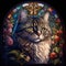 AI generated illustration of a stunning stained glass window portrait capturing the grace of the cat