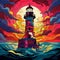 AI generated illustration of a stunning sunset illuminating an old lighthouse against a colorful sky