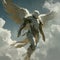 AI generated illustration of a stylized painting of a robotic angel with white and golden hues