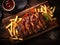 AI generated illustration of succulent ribs and delicious sides served on a wooden board