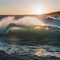 AI generated illustration of sunset featuring a powerful ocean wave crashing into the sea