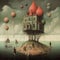 AI generated illustration of a surrealistic painting with a lone house on a small island