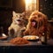 AI generated illustration of a tabby cat eating spaghetti with a brown dog at a table