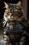 AI generated illustration of a tabby cat wearing a suit of armor on the ground