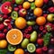 AI generated illustration of a table top view of assorted fresh fruits