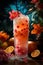 AI generated illustration of a tall, clear glass beverage filled with a sweet, colorful mixed fruits