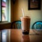AI generated illustration of a tall glass of iced coffee with a straw at a cozy cafe