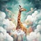 AI generated illustration of a tall, majestic giraffe in the center of a sky with fluffy clouds