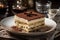 AI-generated illustration of tasty Tiramisu on a white plate, ready to be enjoyed.