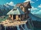 AI generated illustration of a thatched hut and a wooden house atop a cliff