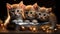 AI-generated illustration of three adorable kittens surrounded by festive Christmas lights