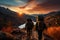 AI-generated illustration of three hikers walking along a scenic mountainous setting during sunset