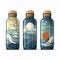 AI generated illustration of three unique glass bottles with art prints