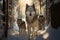 AI generated illustration of Three white wolves standing in the snow on a winter day near trees