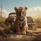 AI generated illustration of a tiger cub lounging in front of a classic automobile