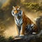 AI generated illustration of a Tiger lounging in a lush jungle settingg