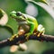 AI generated illustration of a tiny frog perches on a lush branch amidst vibrant foliage