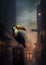 AI generated illustration of a toucan perched in the middle of a busy street