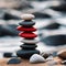 AI generated illustration of a towering stack of rocks poised on a sandy shoreline