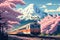 AI generated illustration of a tram driving through blooming sakura trees against Fujiyama in Japan