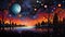 AI generated illustration of a tranquil evening landscape featuring a star-studded sky with planets