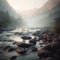 AI-generated illustration of a tranquil misty landscape featuring a river with large rocks