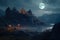 AI generated illustration of tranquil night with rocky cliffs and trees illuminated by the full moon