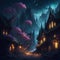 AI generated illustration of a tranquil night of a small town featuring illuminated houses