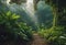 AI generated illustration of a tranquil path leading through a lush forest of tall trees