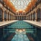 AI generated illustration of a tranquil pool of water in a grand building with arched windows