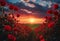 AI generated illustration of a tranquil scene of a setting sun over a field of pink roses