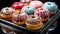 AI generated illustration of a tray of freshly-baked donuts with a colorful glaze and sugary icing