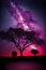 AI generated illustration of tree silhouettes with a pink sky full of glowing stars